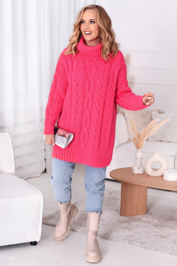Długi pleciony sweter z golfem aura fuksja