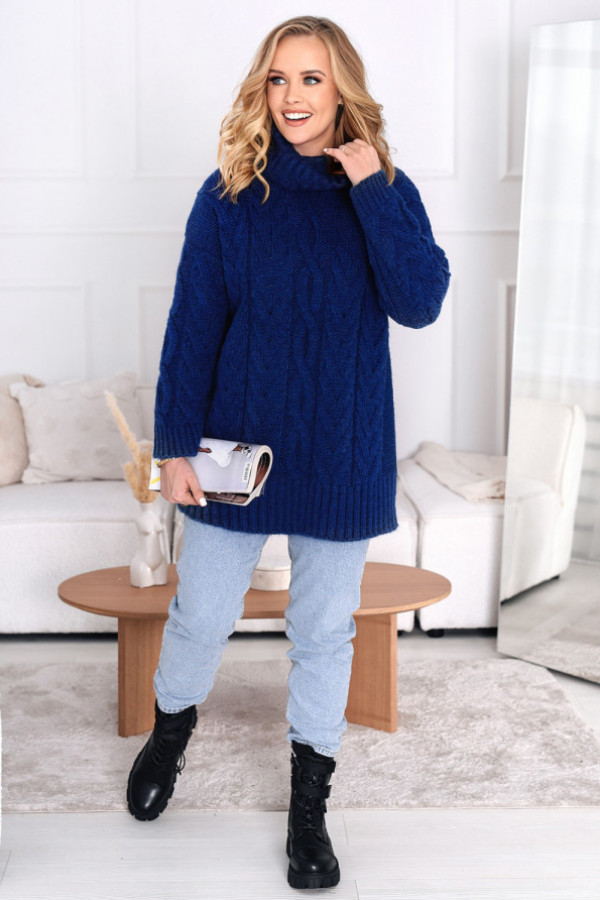 Długi pleciony sweter z golfem aura atrament