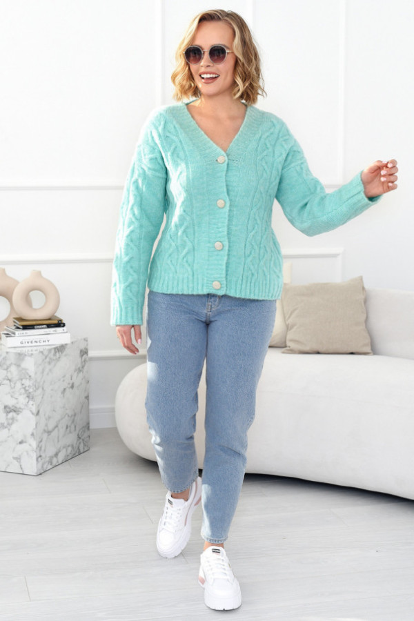 Krótki sweter z ozdobnym splotem tamika seledyn