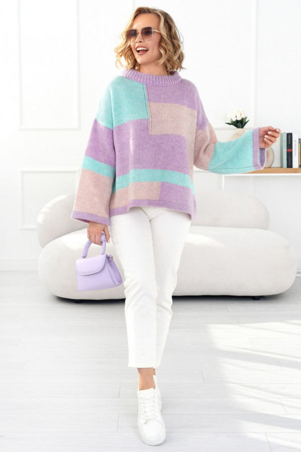 Kolorowy sweter emilia liliowo-turkusowy