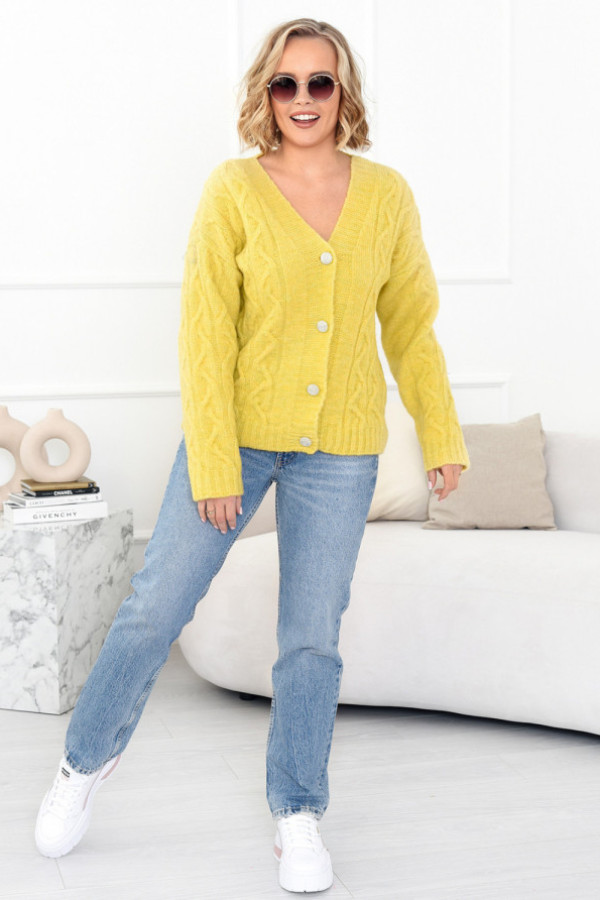 Krótki sweter z ozdobnym splotem tamika cytryna