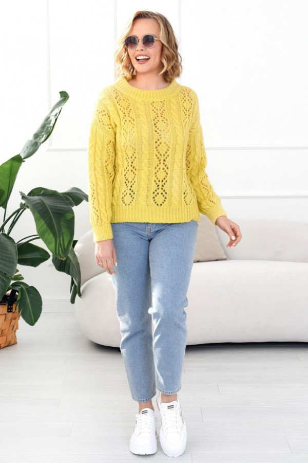 Krótki ażurowy sweter ela cytryna