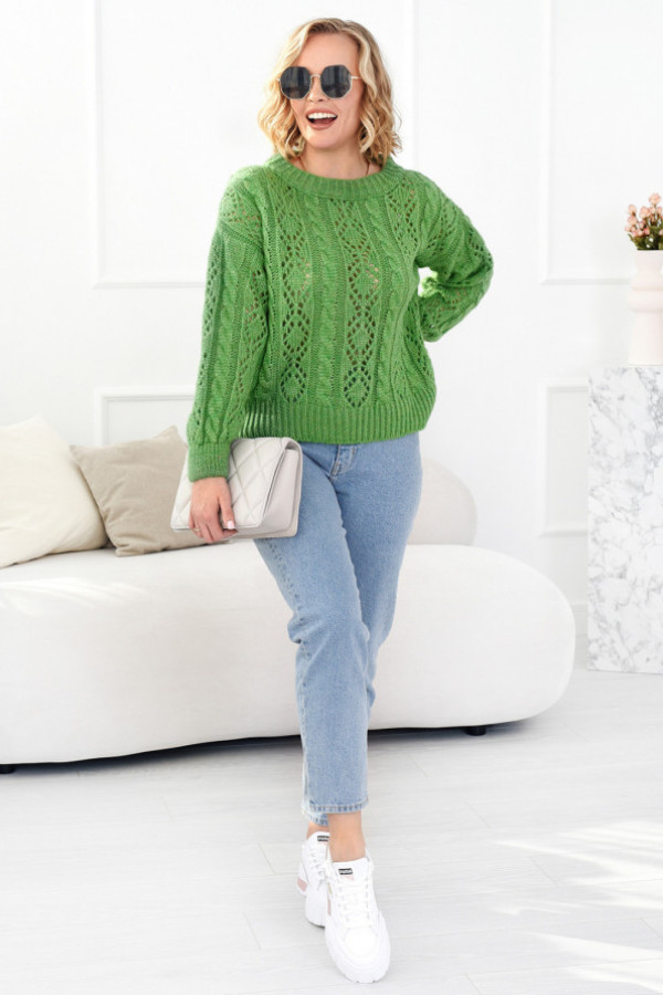 Krótki ażurowy sweter ela trawa