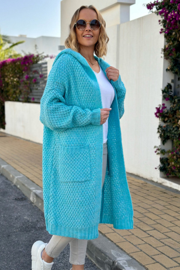 Długi kardigan z kieszeniami i kapturem luise niebo
