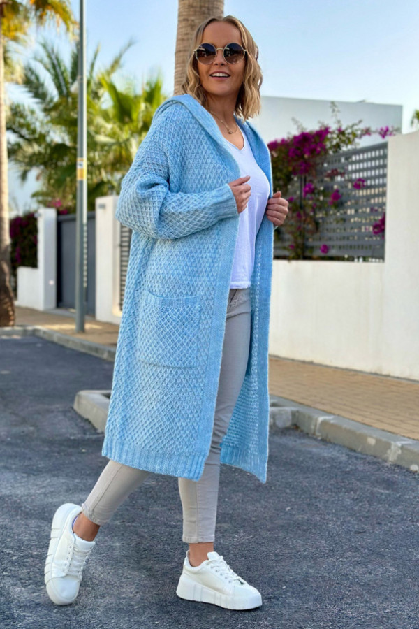 Długi kardigan z kieszeniami i kapturem luise błękit