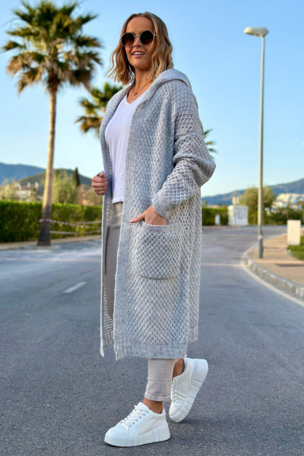 Długi kardigan z kieszeniami i kapturem luise szary