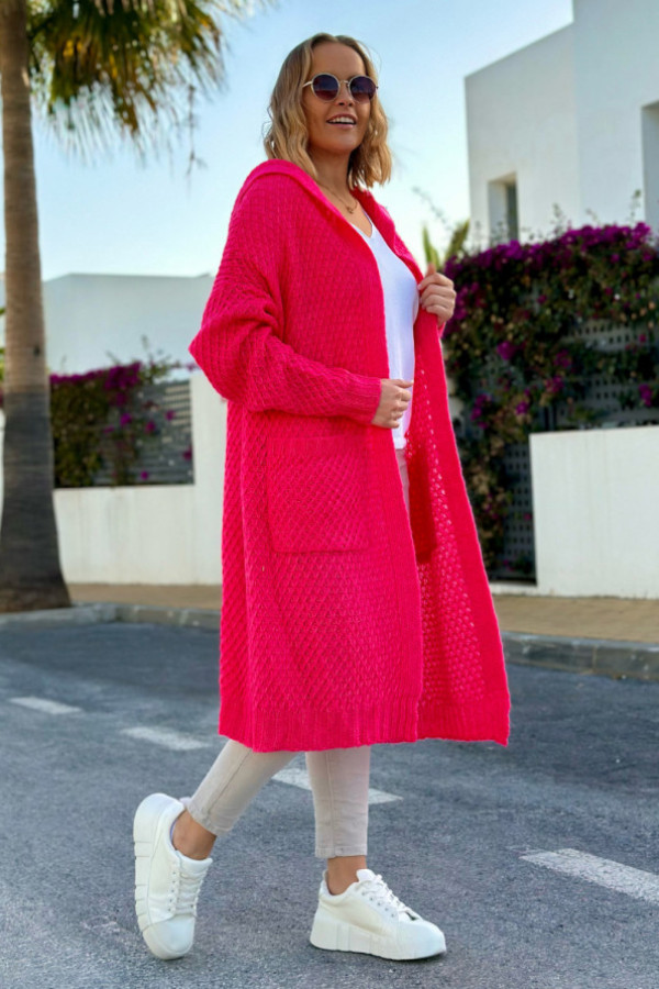 Długi kardigan z kieszeniami i kapturem luise fuksja