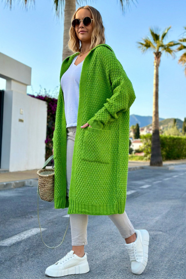 Długi kardigan z kieszeniami i kapturem luise trawa