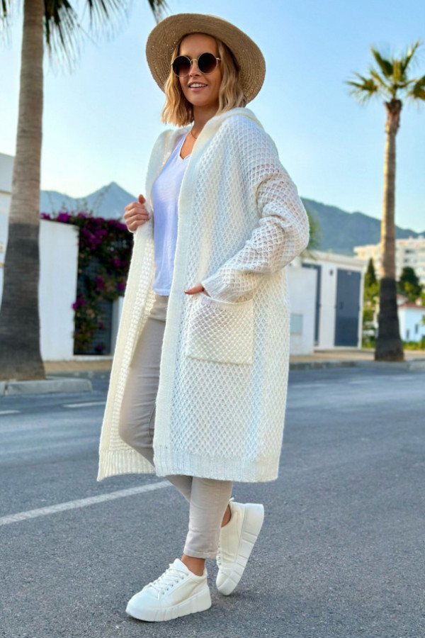 Długi kardigan z kieszeniami i kapturem luise ecru
