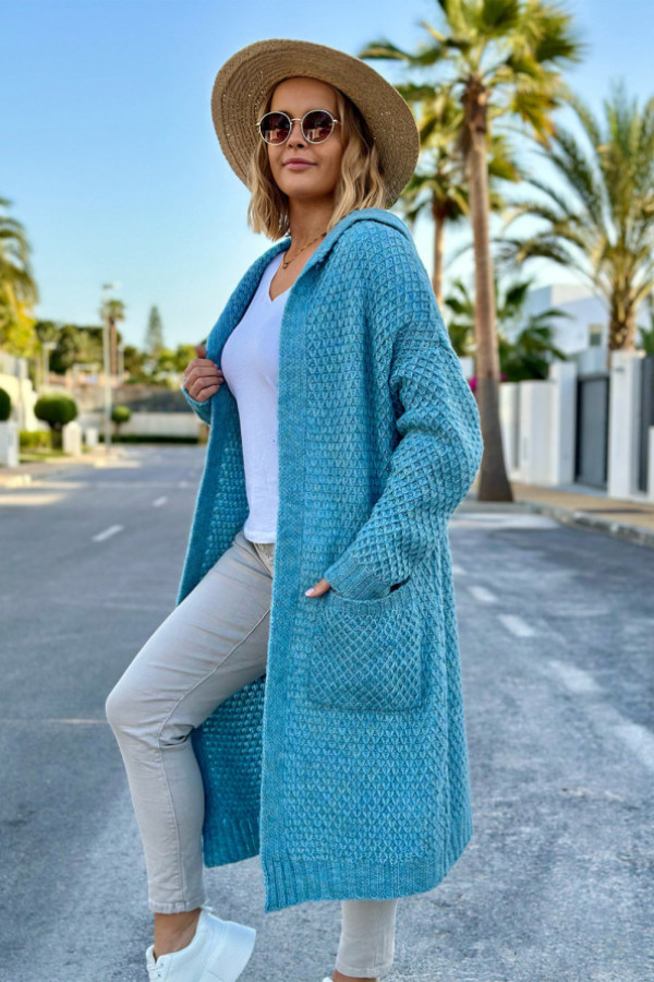 Długi kardigan z kieszeniami i kapturem luise turkus