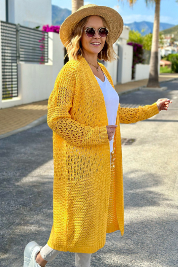 Długi ażurowy kardigan carla cytryna