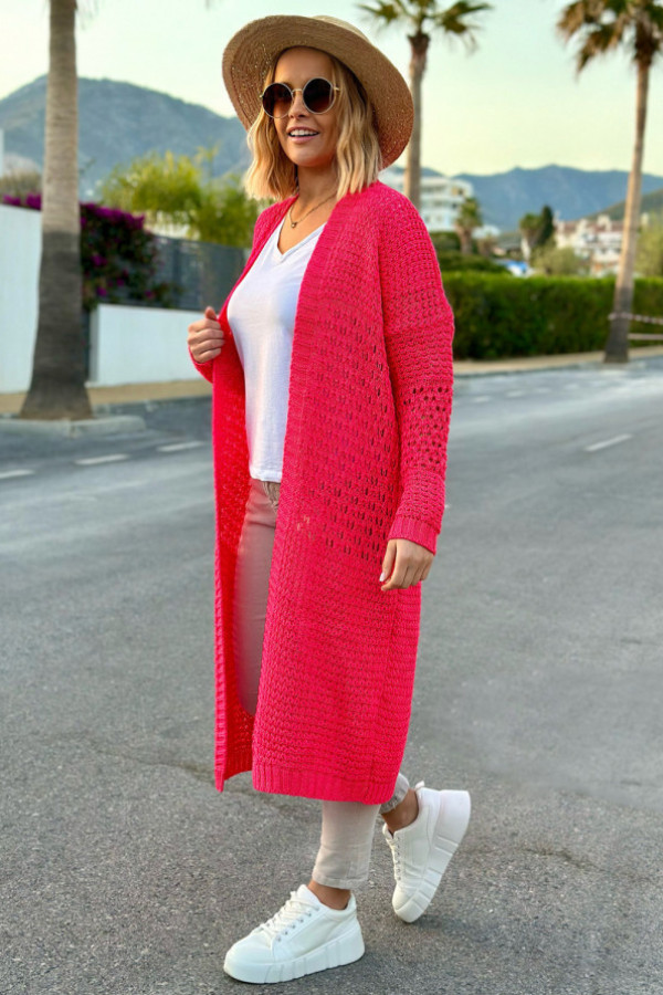Długi ażurowy kardigan carla fuksja