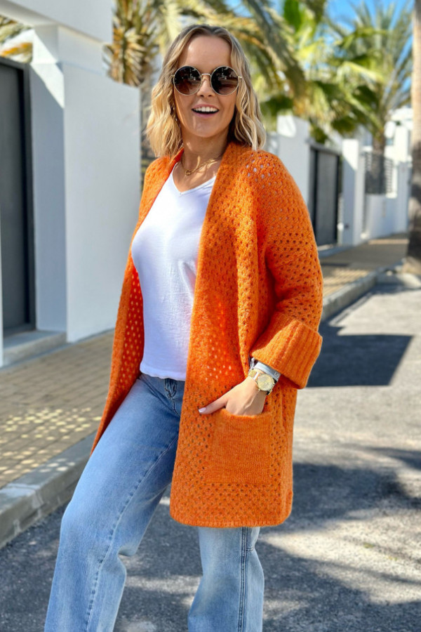 Ażurowy kardigan z kieszeniami santiago pomarańcz