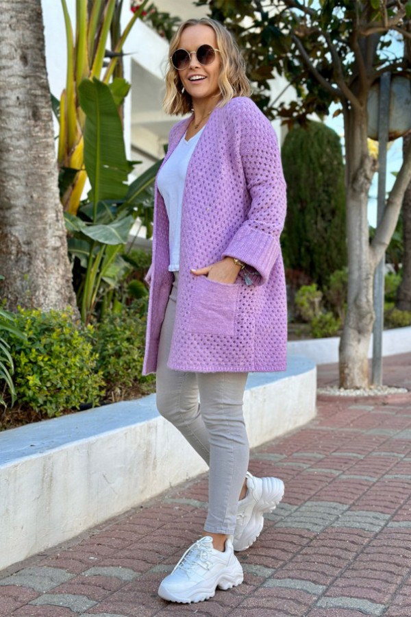 Ażurowy kardigan z kieszeniami santiago lila
