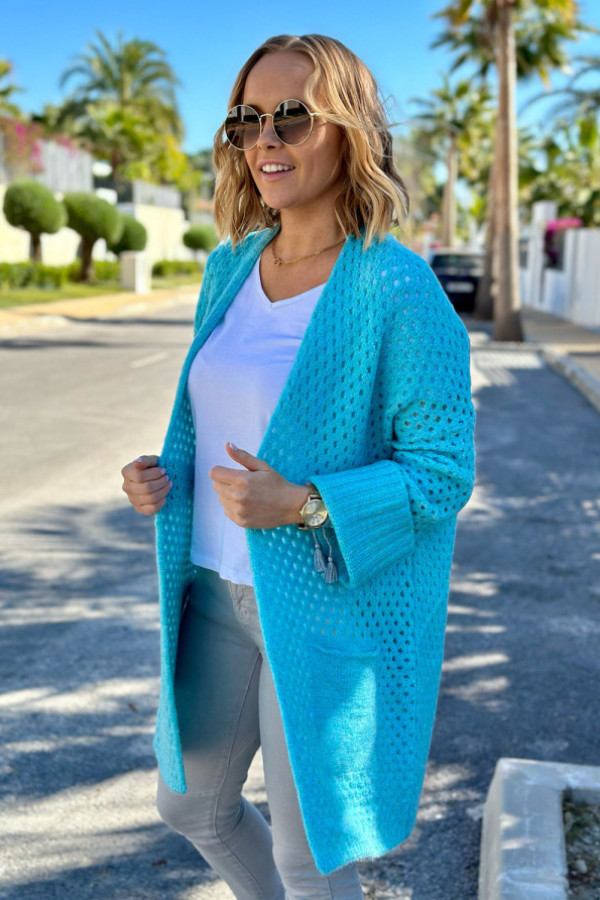 Ażurowy kardigan z kieszeniami santiago niebo