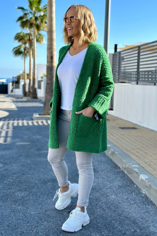 Ażurowy kardigan z kieszeniami santiago zielony