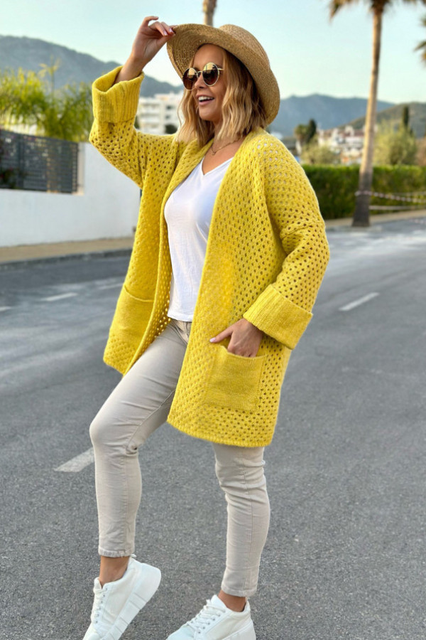 Ażurowy kardigan z kieszeniami santiago cytryna