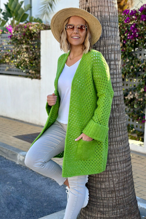 Ażurowy kardigan z kieszeniami santiago trawa