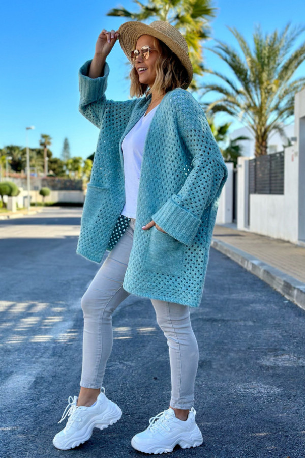 Ażurowy kardigan z kieszeniami santiago turkus