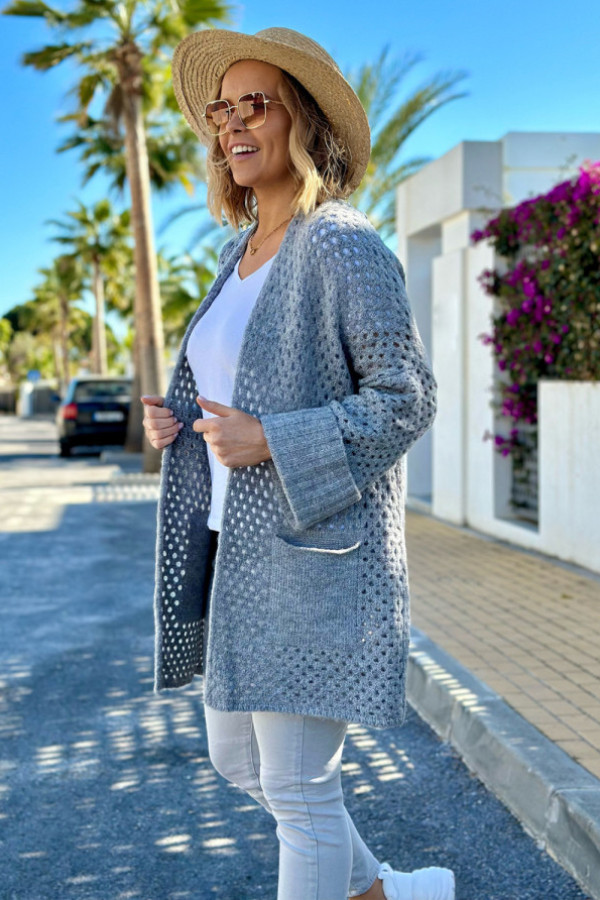 Ażurowy kardigan z kieszeniami santiago ciemny szary