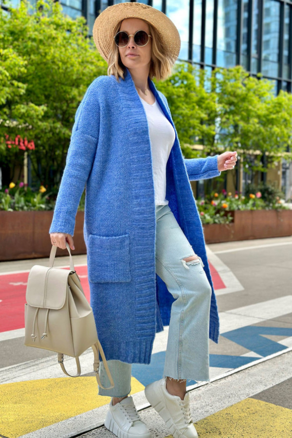 Długi kardigan z kieszeniami dozza niebieski