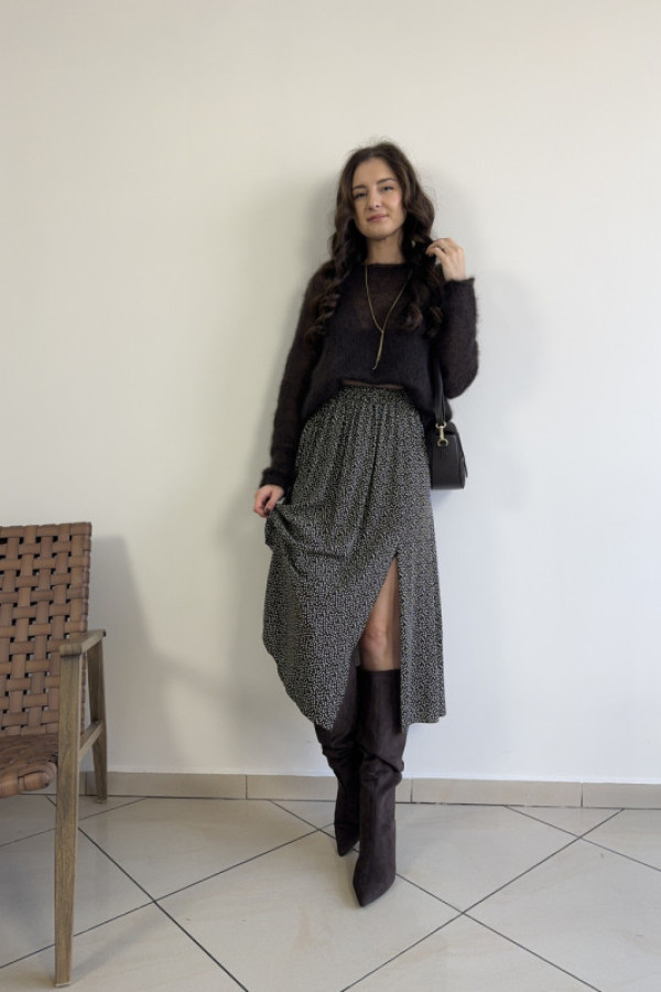 Spódnica z rozcięciem w drobne kropki na czekoladowym tle 100% wiskoza martha