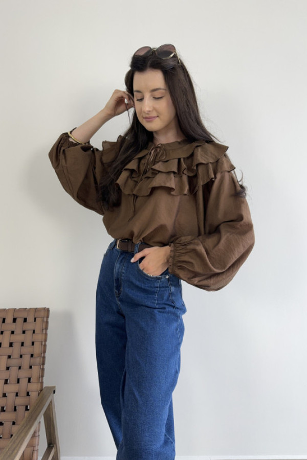 Bluzka z falbankami przy dekolcie czekoladowa didi