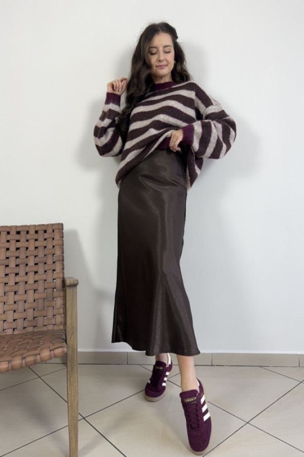 Spódnica midi o satynowym wykończeniu czekoladowa amber