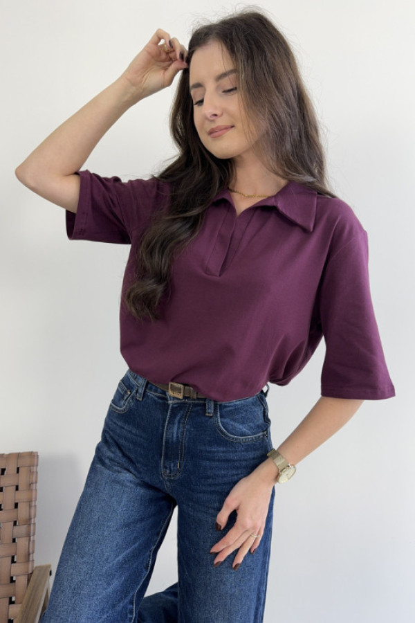 T-shirt typu polo bawełniany śliwkowy malibu