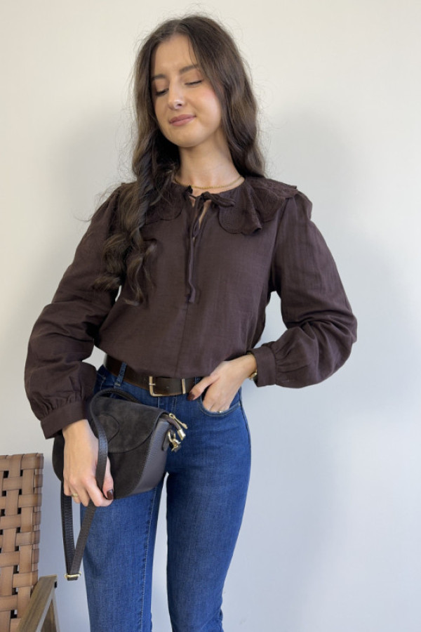 Bluzka z ozdobnym kołnierzem 100% bawełna czekoladowa maura