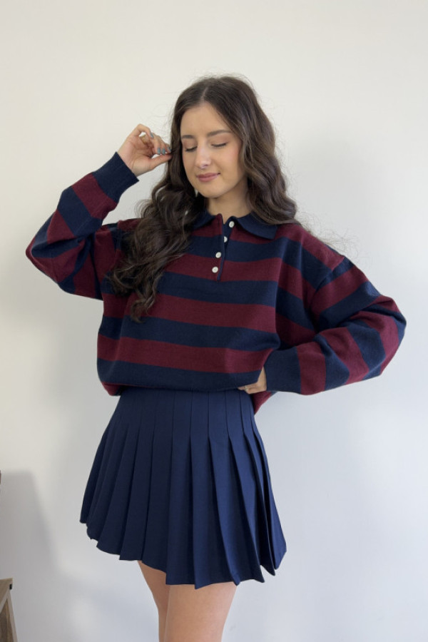 Sweter w granatowo-bordowe pasy z kołnierzykiem wiskoza i wełna marin