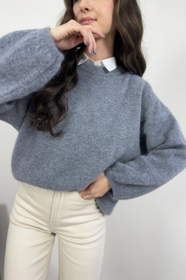 Sweter z balonowymi rękawami baby alpaka i wełna szary soft touch