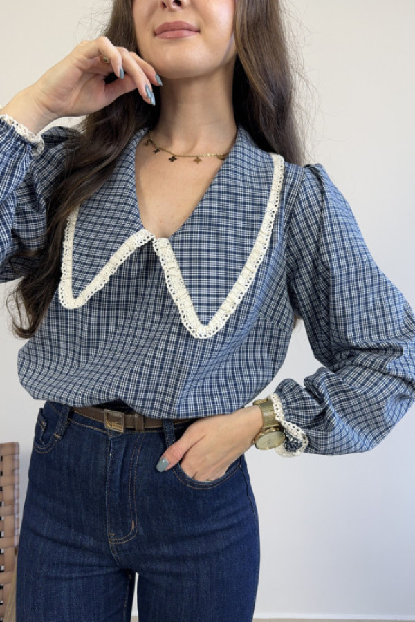 Bluzka z kołnierzykiem w granatową kratkę 70% bawełna clara