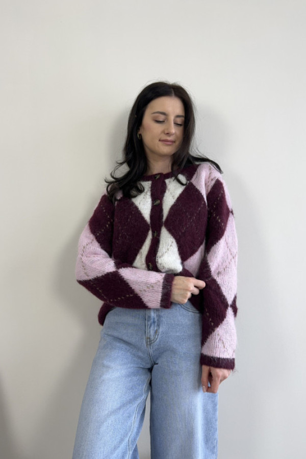 Sweter/kardigan w romby bordowo-różowe aspen