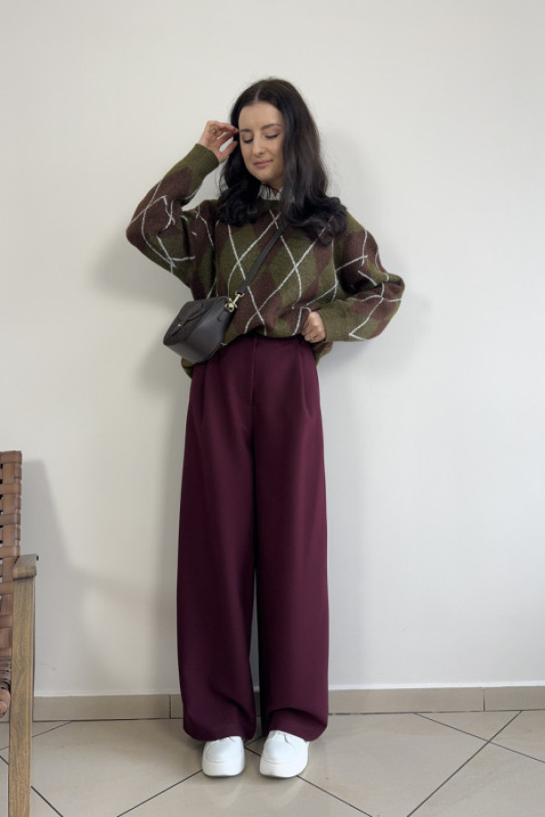 Spodnie garniturowe z wysokim stanem i luźnymi nogawkami bordowe puro