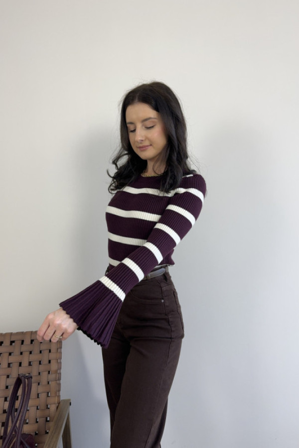 Bluzka z rozszerzanymi rękawami prążek śliwkowa w paski avenue