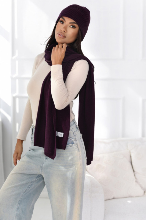 Komplet kaszmirowy czapka i szalik śliwka