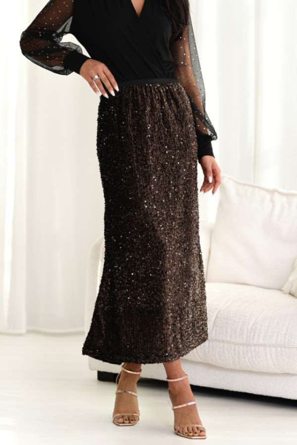 Spódnica cekinowa maxi catrice czekoladowa